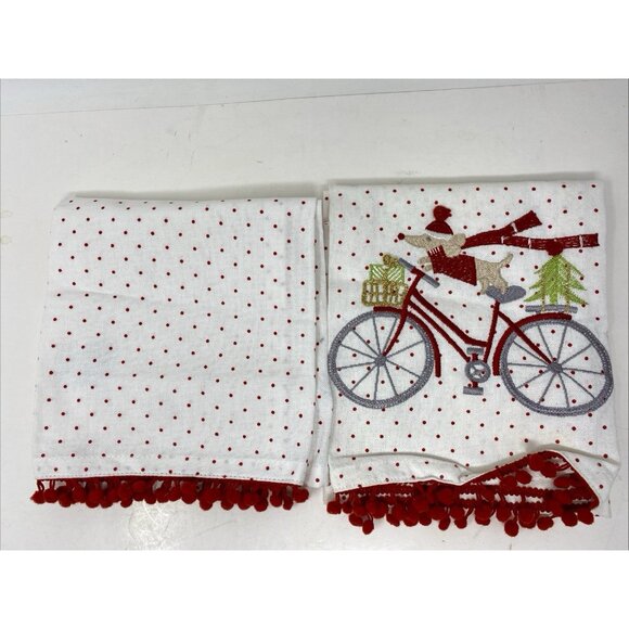 Set of 2 Christmas Holiday Dish Towels Dachshund Dog Riding Bike Embroidered - Picture 8 of 8
